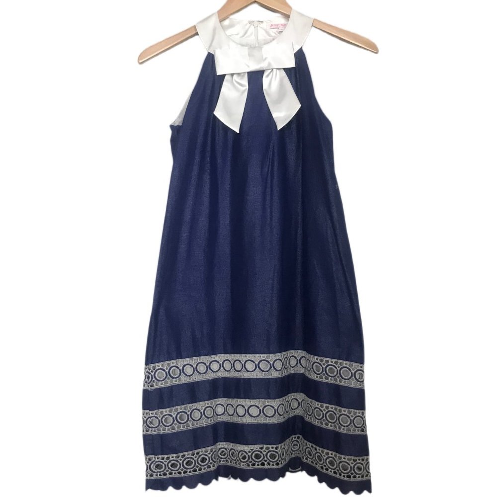Betsey Johnson Women's Blue Embordered Scallop Trim Bow Satin Neckline Dress 0